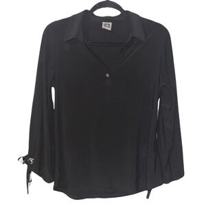 Anne Klein Black Long Sleeve Goth Bows Top Size M Silky Flowy Collared Party